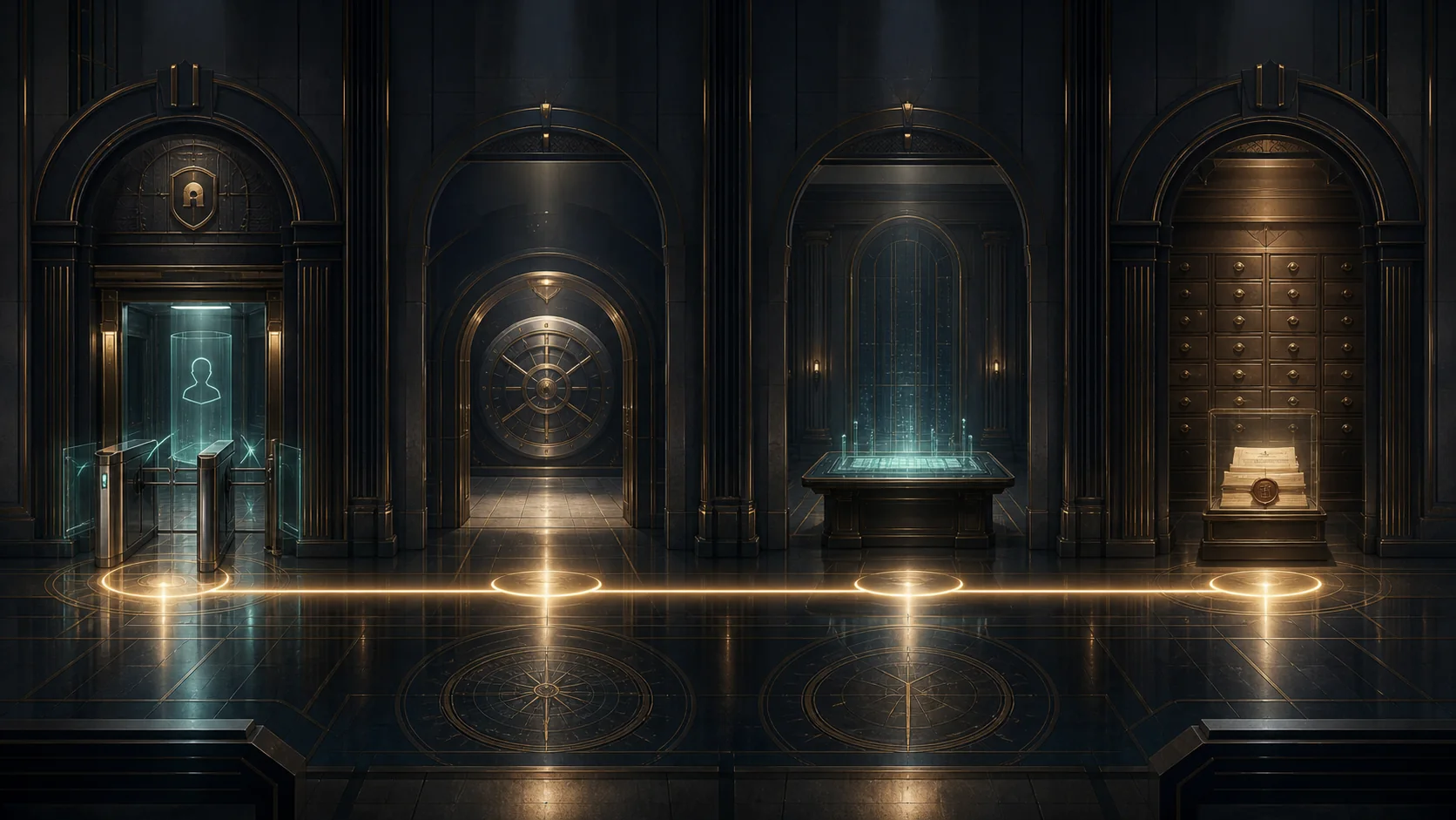 Concept visual: a controlled admission portal, reserve ledger chamber and receipt proof anchor connected as one institutional evidence spine