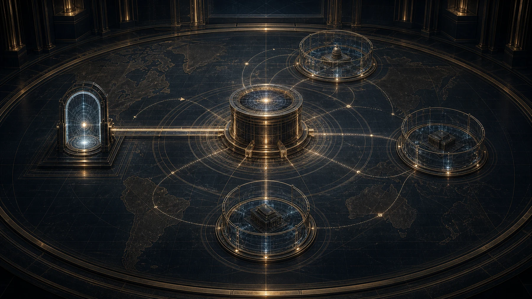 Concept visual: one external gate connected to a central settlement hub and three closed jurisdictional loops on an institutional map table